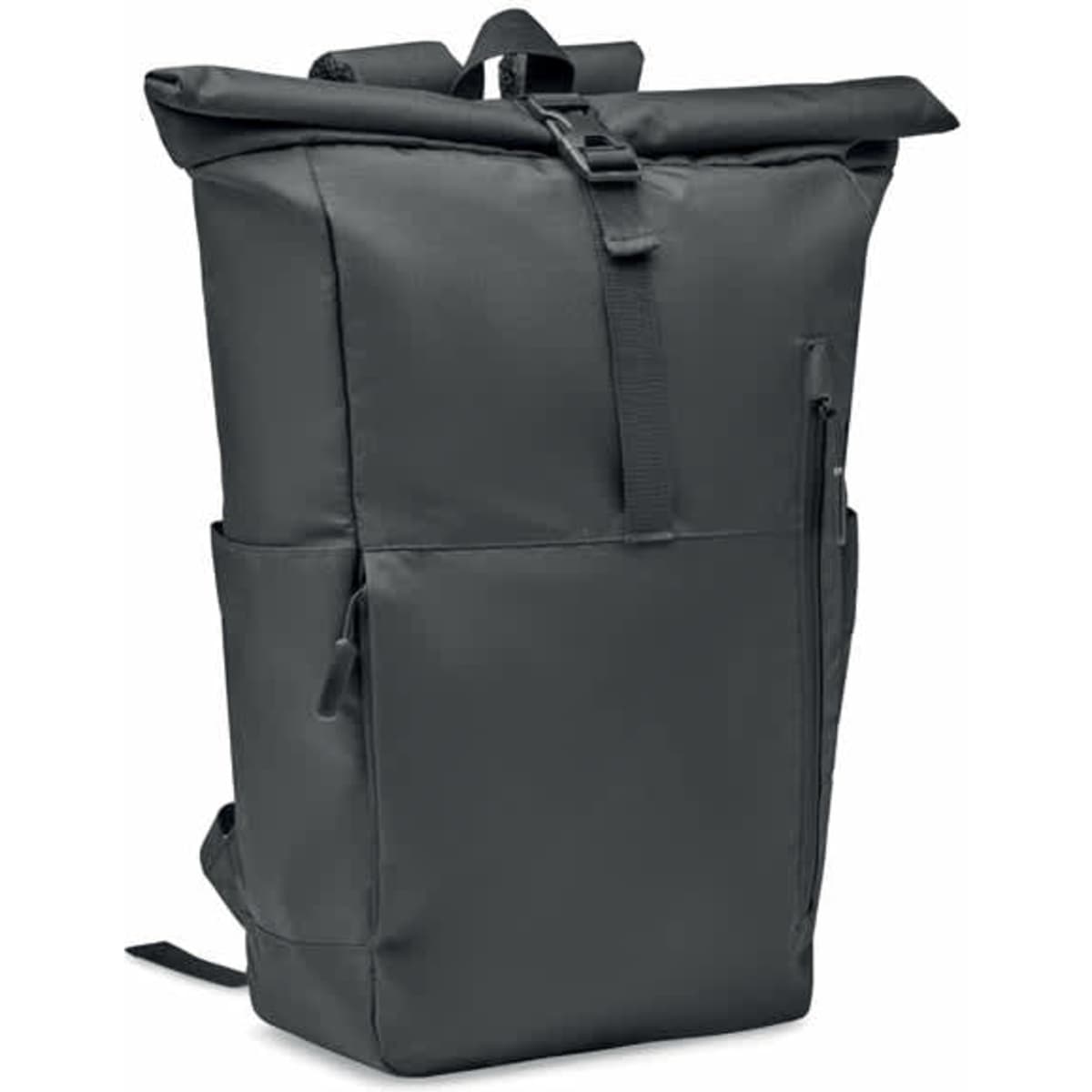 A rolltop backpack in dark grey with multiple compartments and a side zipper, featuring adjustable straps.