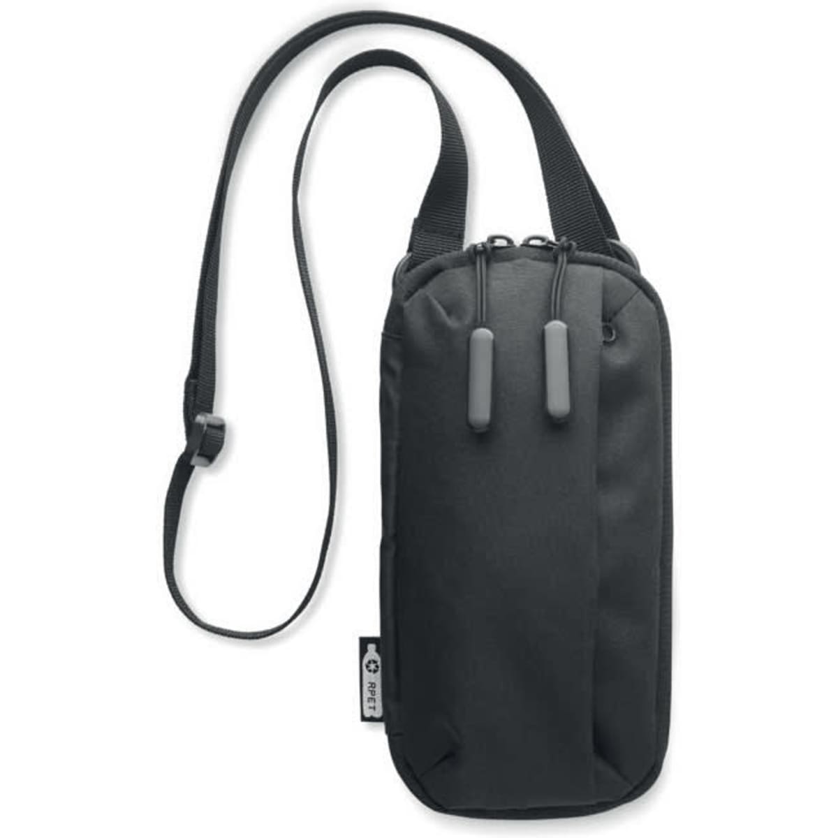 A black compact carrying pouch with a long adjustable strap and zippered closures. It features a logo.
