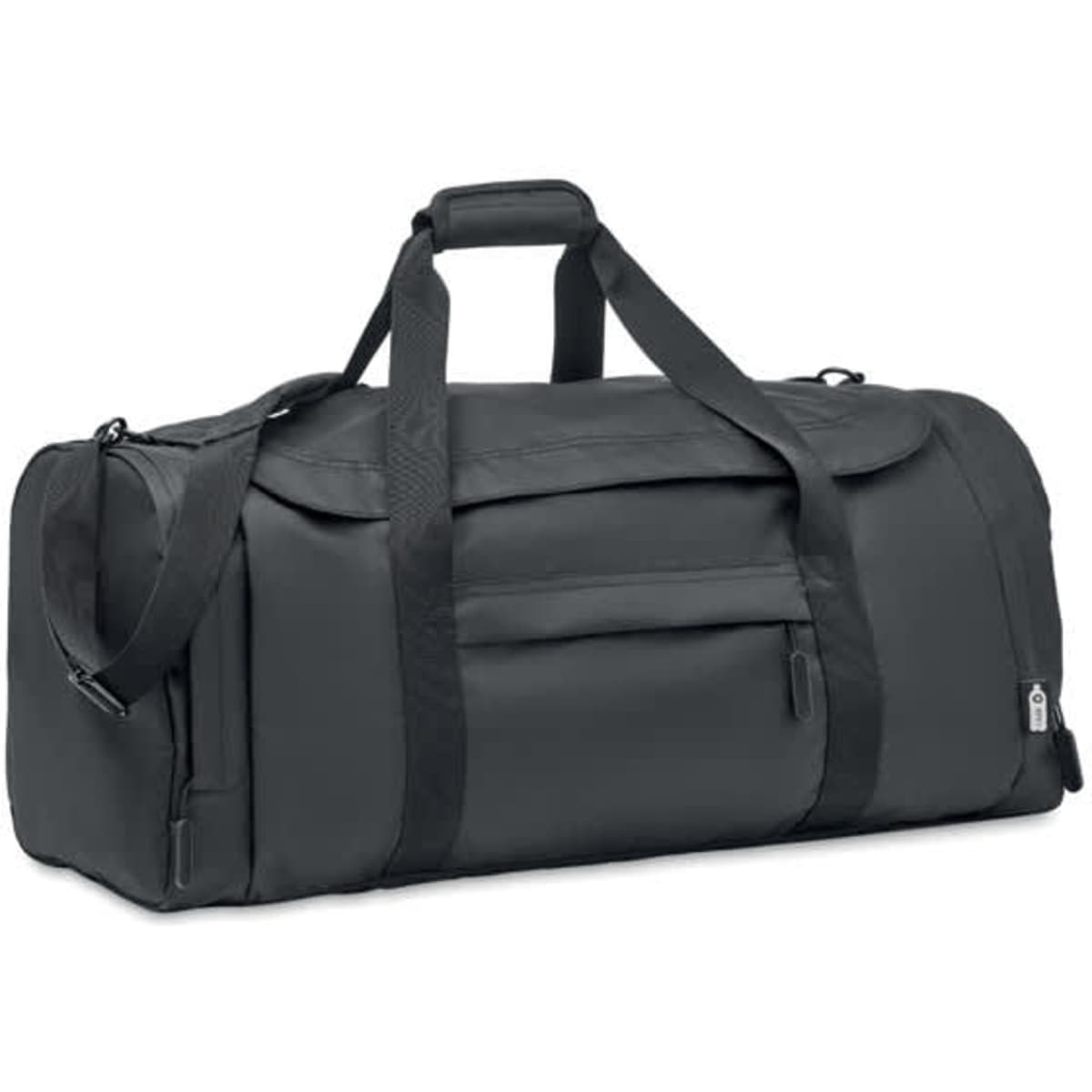 A black duffle bag with dual handles and a detachable shoulder strap, featuring a front pocket and a logo.