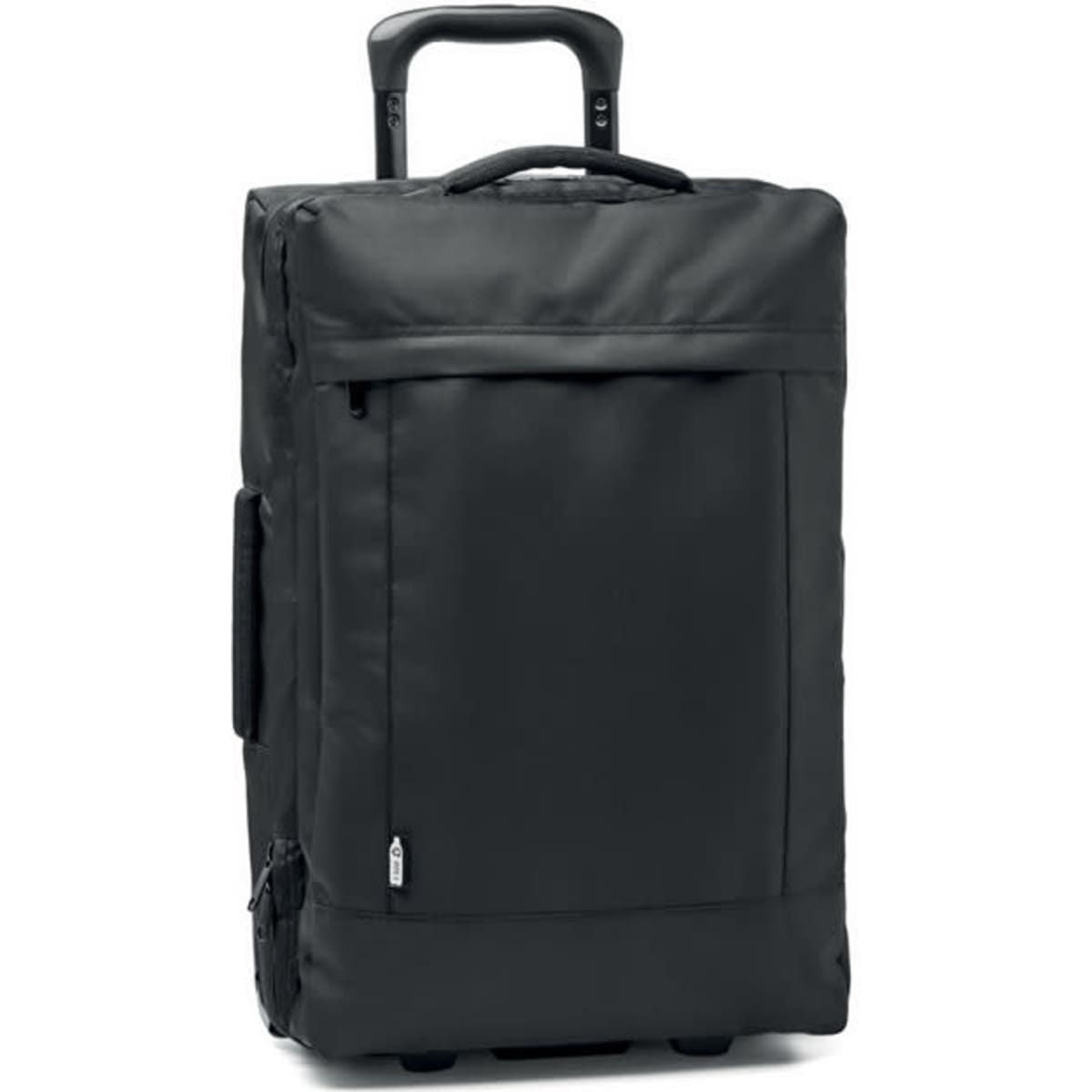 A wheeled suitcase in black with a retractable handle and front zip pocket. It features a logo on the side.