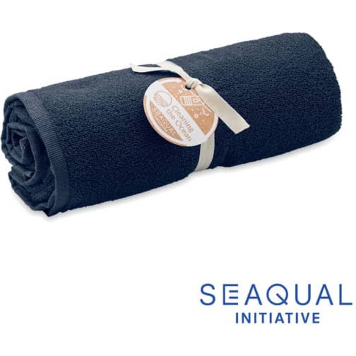 A rolled navy blue towel tied with a ribbon, featuring a tag and a logo.