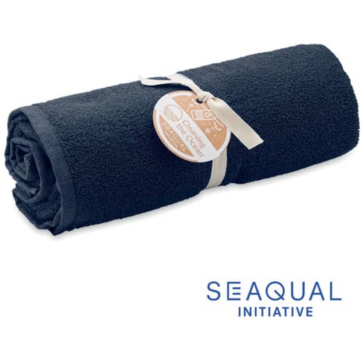 A rolled navy towel with a ribbon and tag, featuring a logo for the SEAQUAL Initiative.