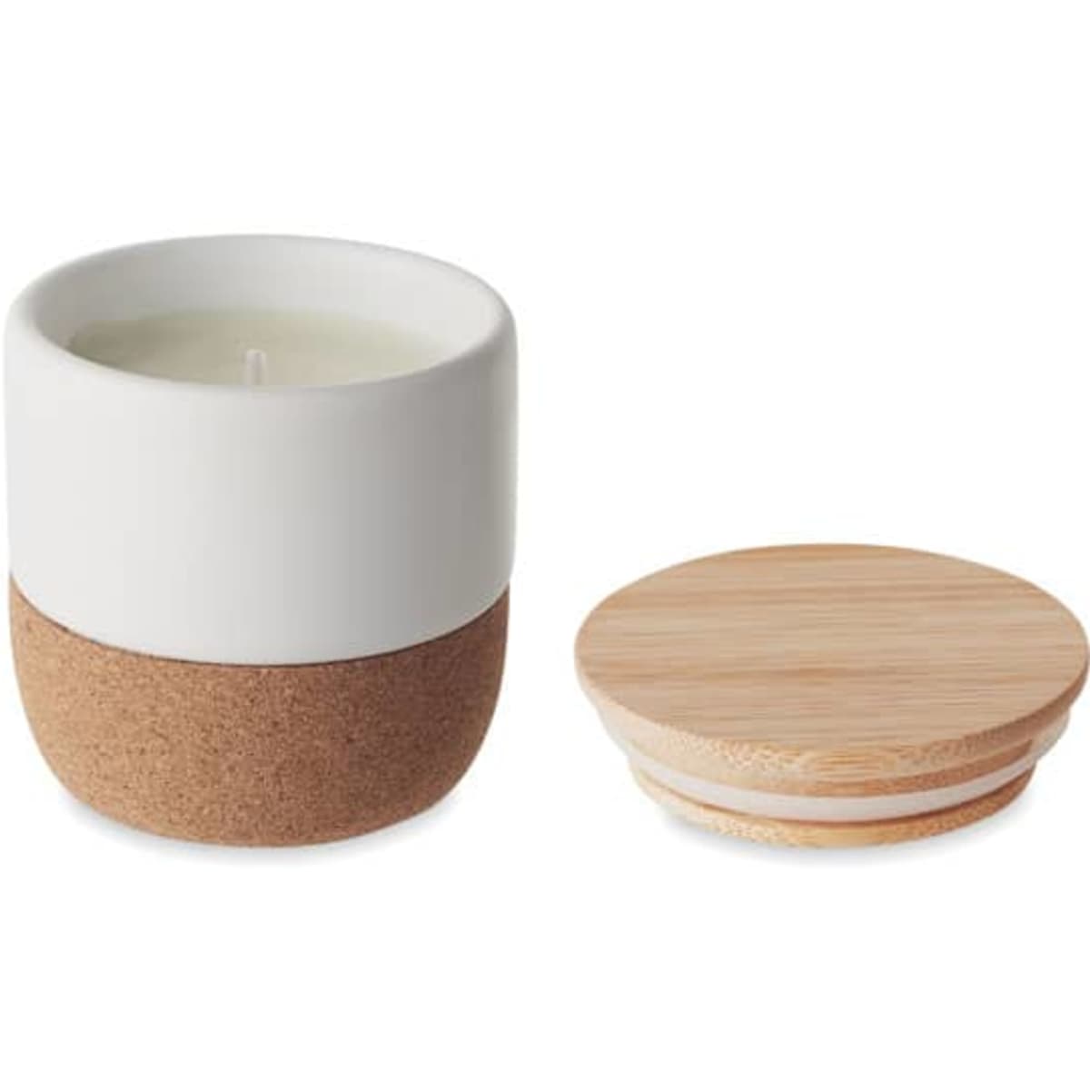 A candle in a white and cork container with a wooden lid. The design is minimalistic and modern.