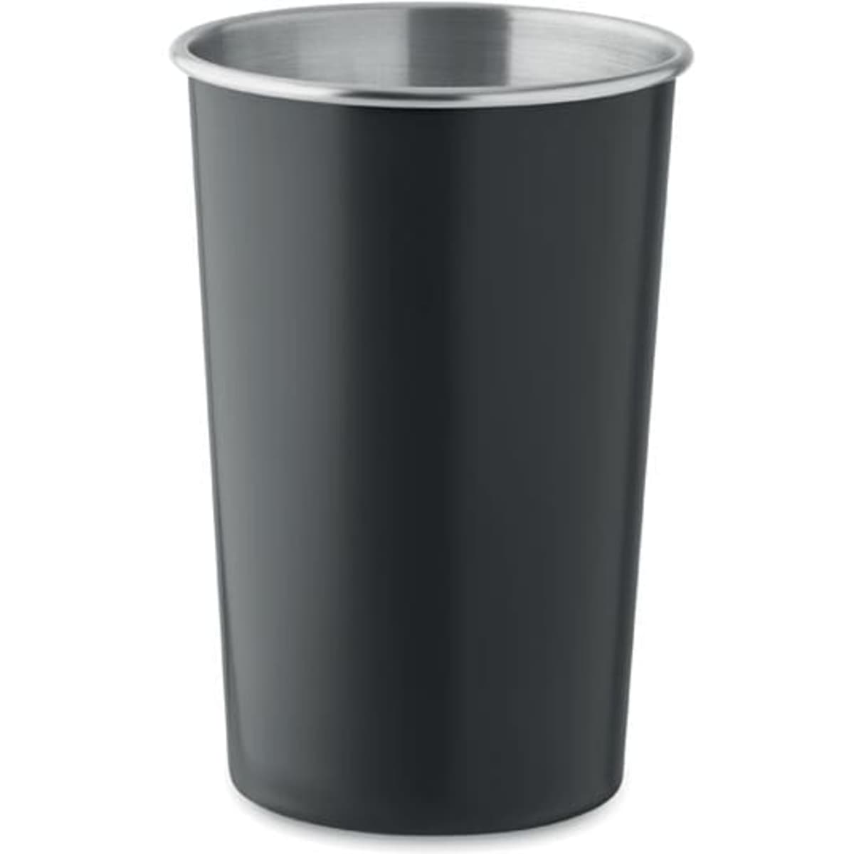 A drink bottle in matte black with a metallic silver interior and a simple branding logo.
