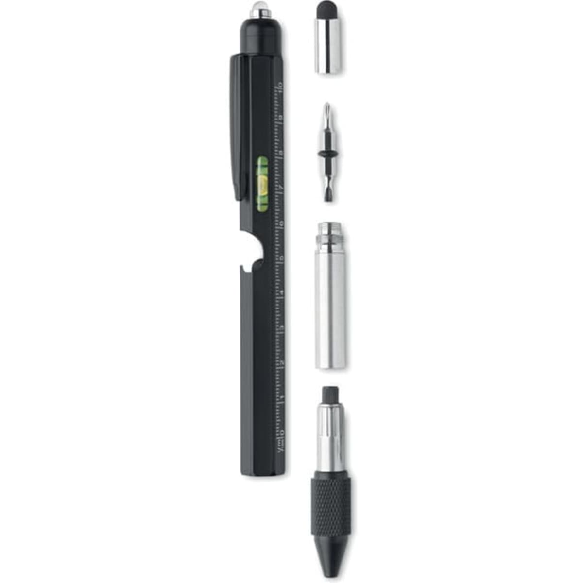A multi-tool pen in black with a level, screwdriver bits, and silver components. Features a logo on the pen.