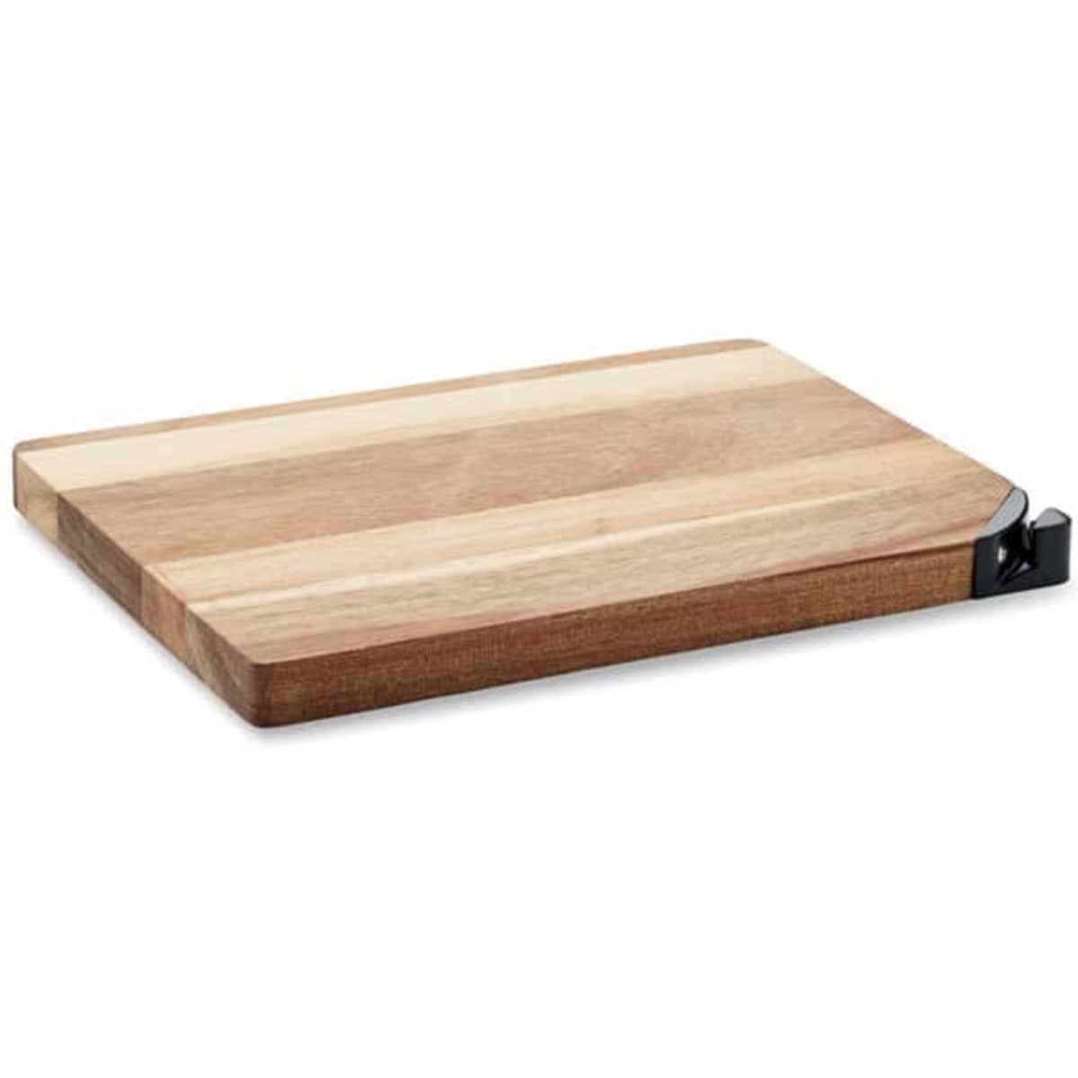 A wooden cutting board with light and dark wood stripes and a black end grip.
