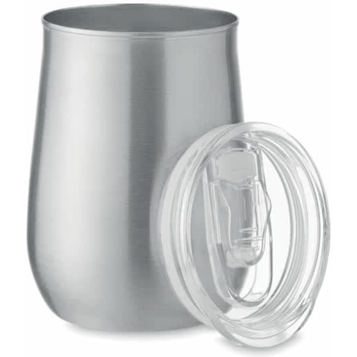 A drink bottle in silver stainless steel with a clear lid, featuring a sleek, modern design.