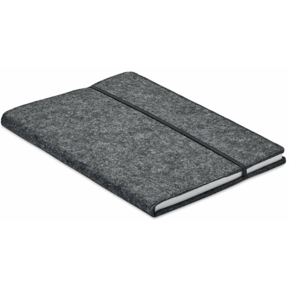 A grey felt notebook with an elastic band closure, featuring a sleek and minimalist design.