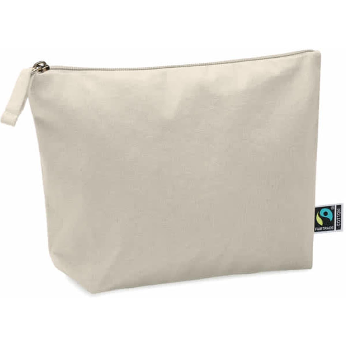 A cream-coloured zippered pouch made of fabric, featuring a small branding tag on the side.