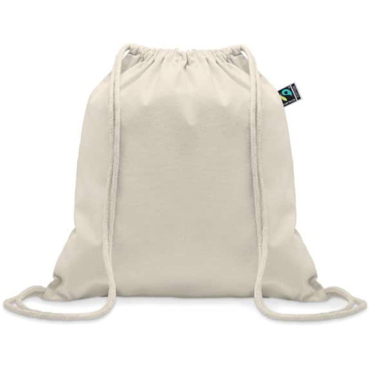 A drawstring backpack in cream colour with adjustable cords and a logo tag.