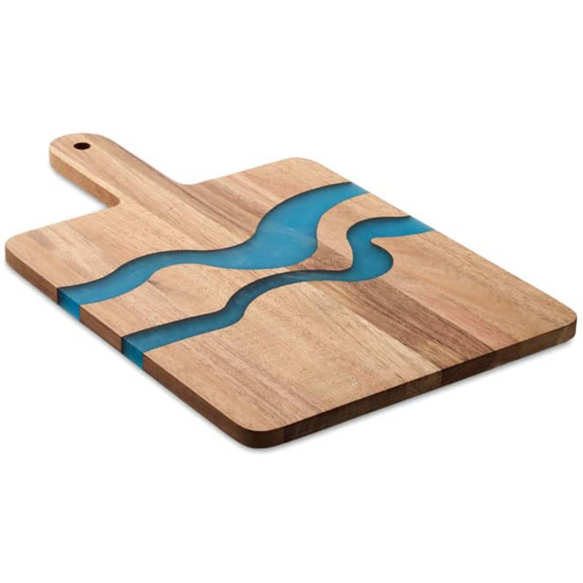 A chopping board made of wood featuring blue resin rivers and a handle. It has a natural, rustic finish.