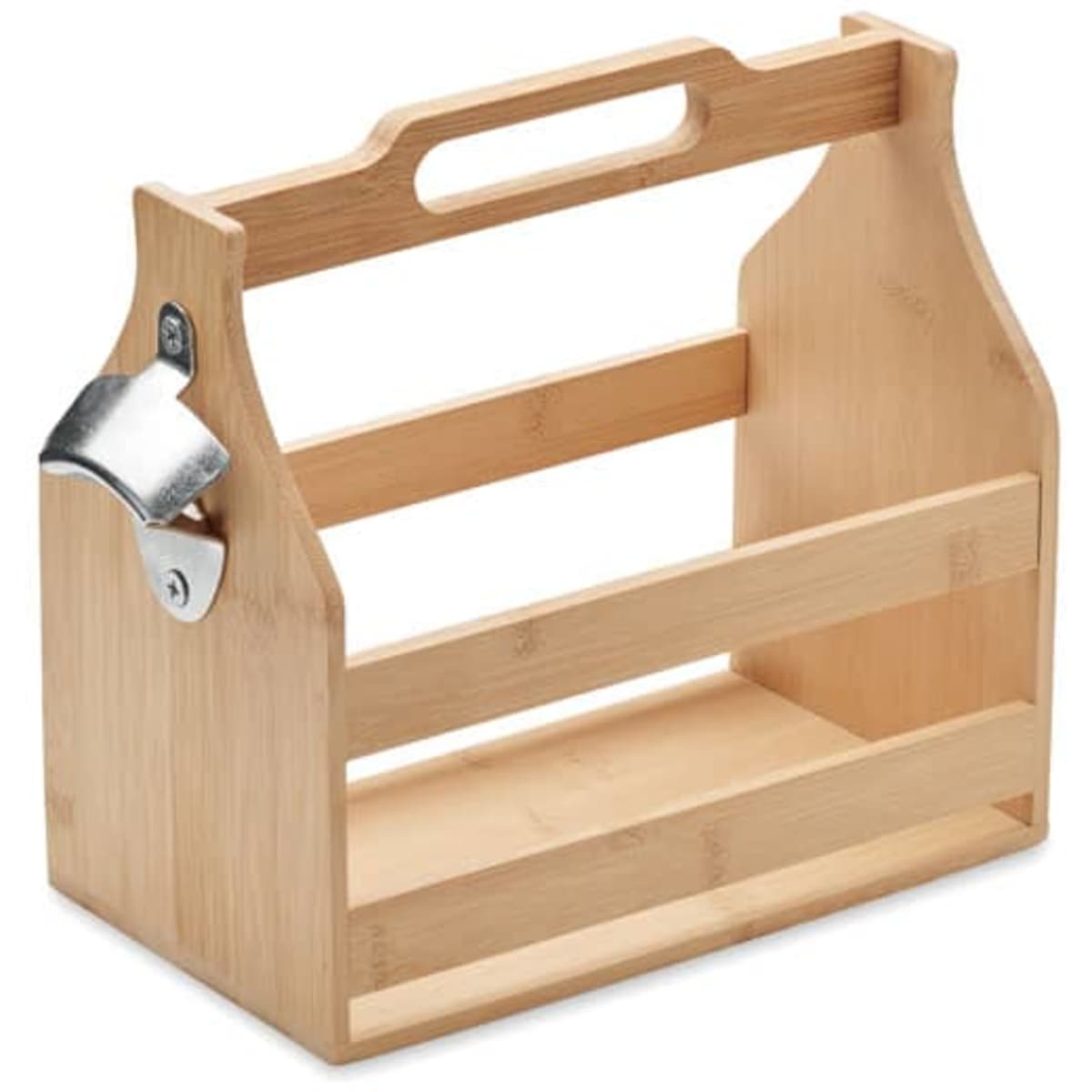 A bamboo tool caddy with a handle and a metal bottle opener, featuring two open shelves for storage.