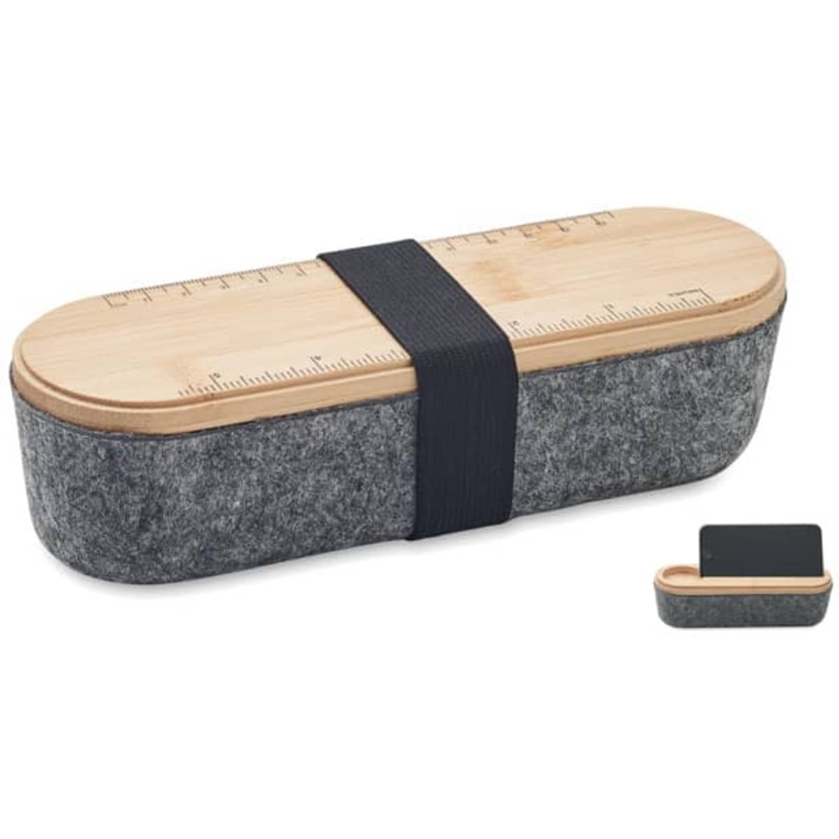 A storage box with a wooden lid and grey felt body, featuring a ruler printed on the top and a black strap.