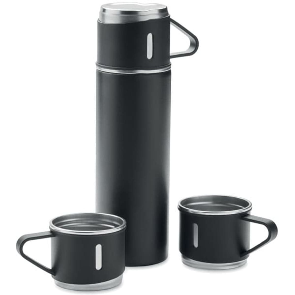 A drink bottle and two matching cups, all in a sleek black design with silver accents. The bottle features a handle.
