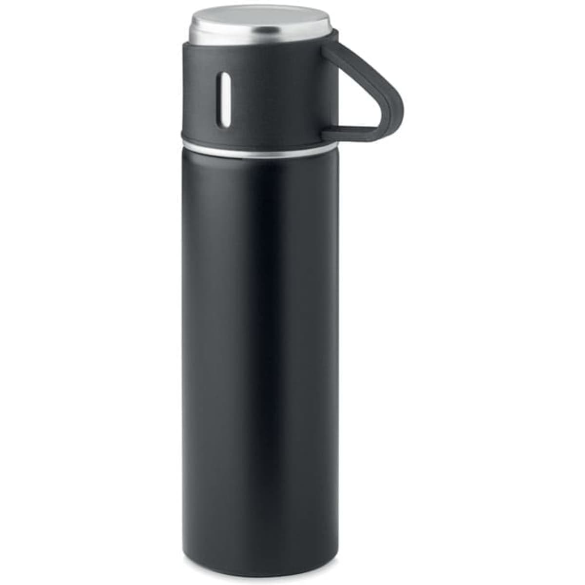 A drink bottle in matte black with a silver lid and a handle. It features a logo on the body.