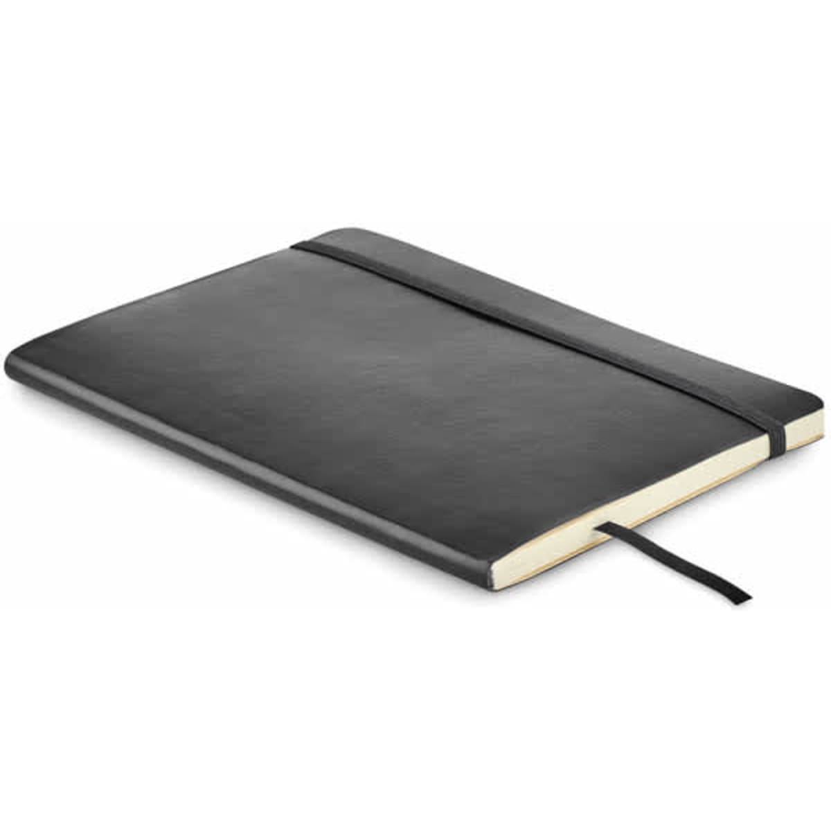 A notebook with a black leather cover and an elastic closure, featuring a ribbon marker.