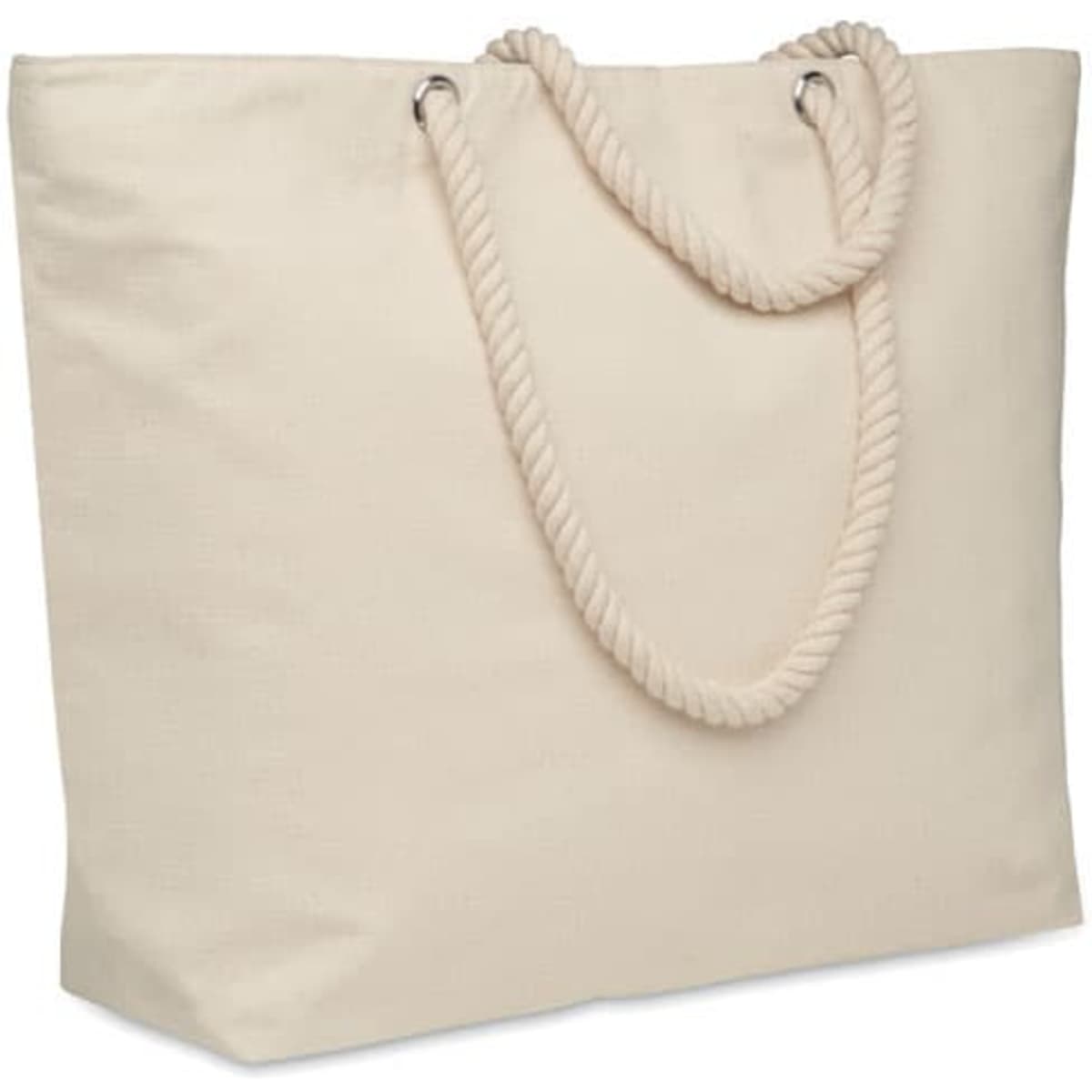 A tote bag in beige with a rope-style handle and a simple design, featuring a branding logo.