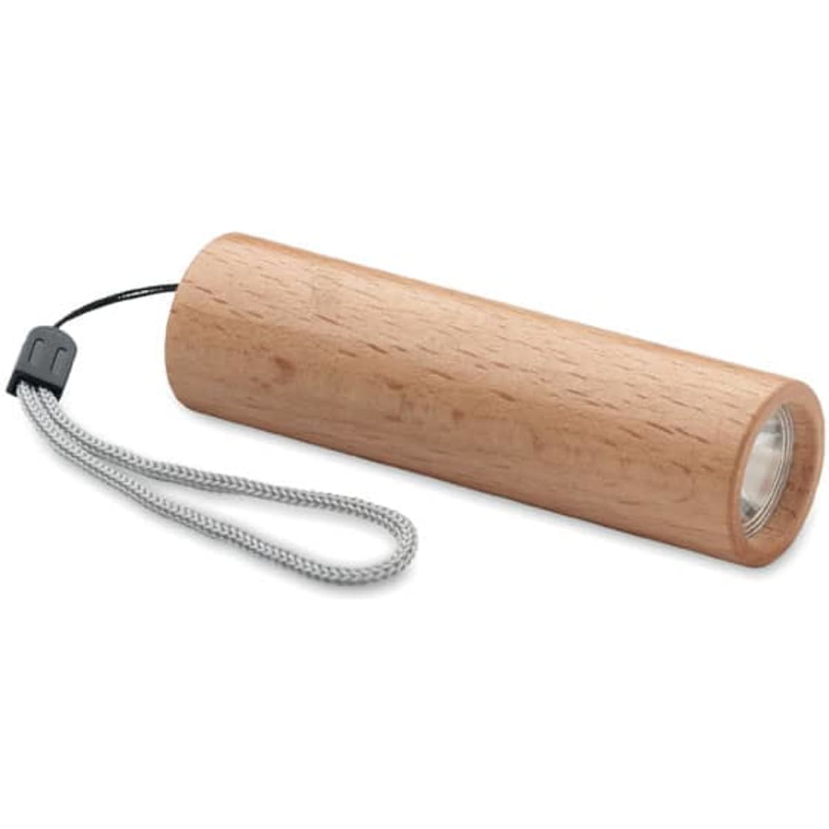 A wooden flashlight with a cylindrical shape and a textured surface, featuring a lanyard attached.