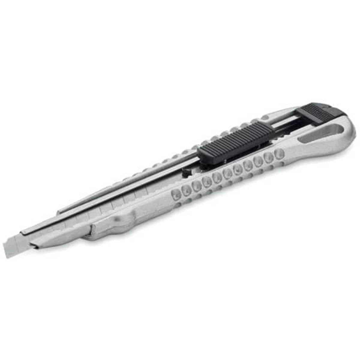 A utility knife with a grey plastic handle and a retractable blade. The knife features ergonomic grips.