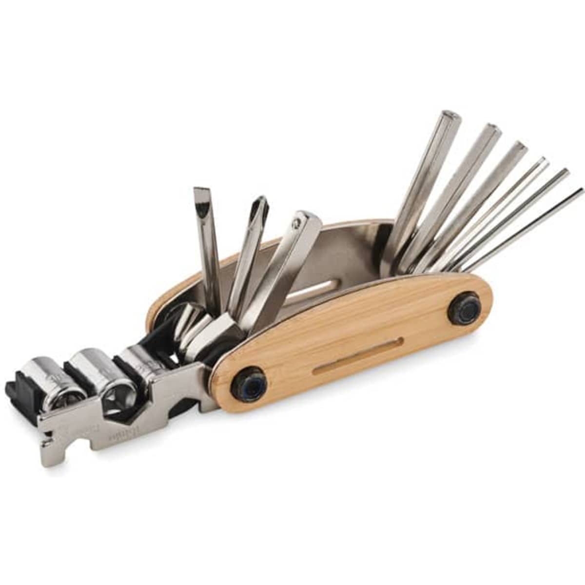 A multi-tool with a bamboo handle and various metal tools, including screwdrivers and hex keys.
