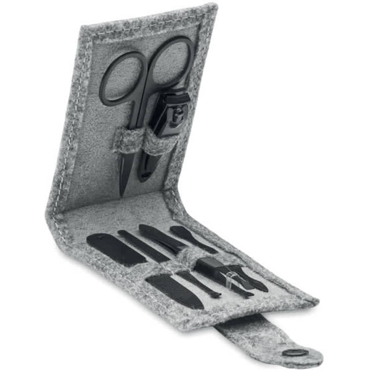 A grey felt nail kit featuring scissors, a nail file, and other grooming tools in a portable case.