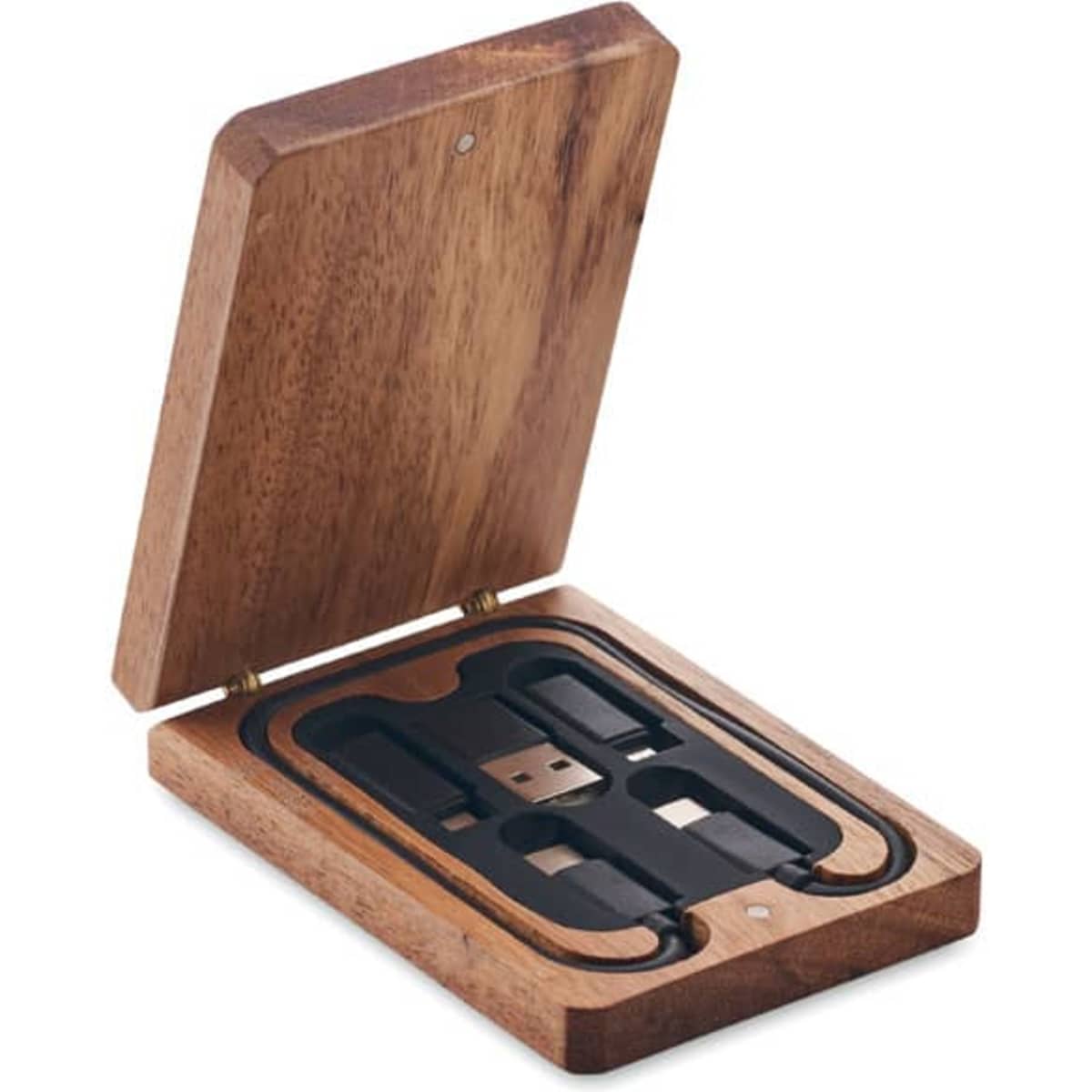 A wooden box with a hinged lid, containing a USB drive and accompanying accessories in a black foam insert.