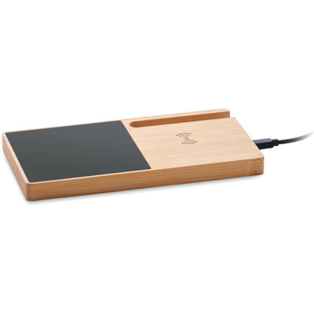 A wooden wireless charging pad with a sleek black charging area and a slot for holding a device.