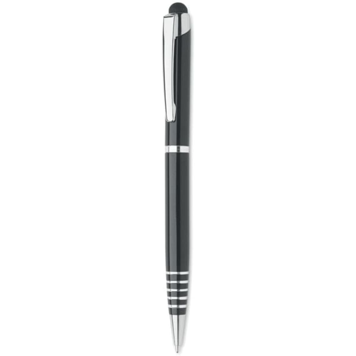 A black pen with a sleek design and silver accents. The pen features a clip and a striped detail near the bottom.