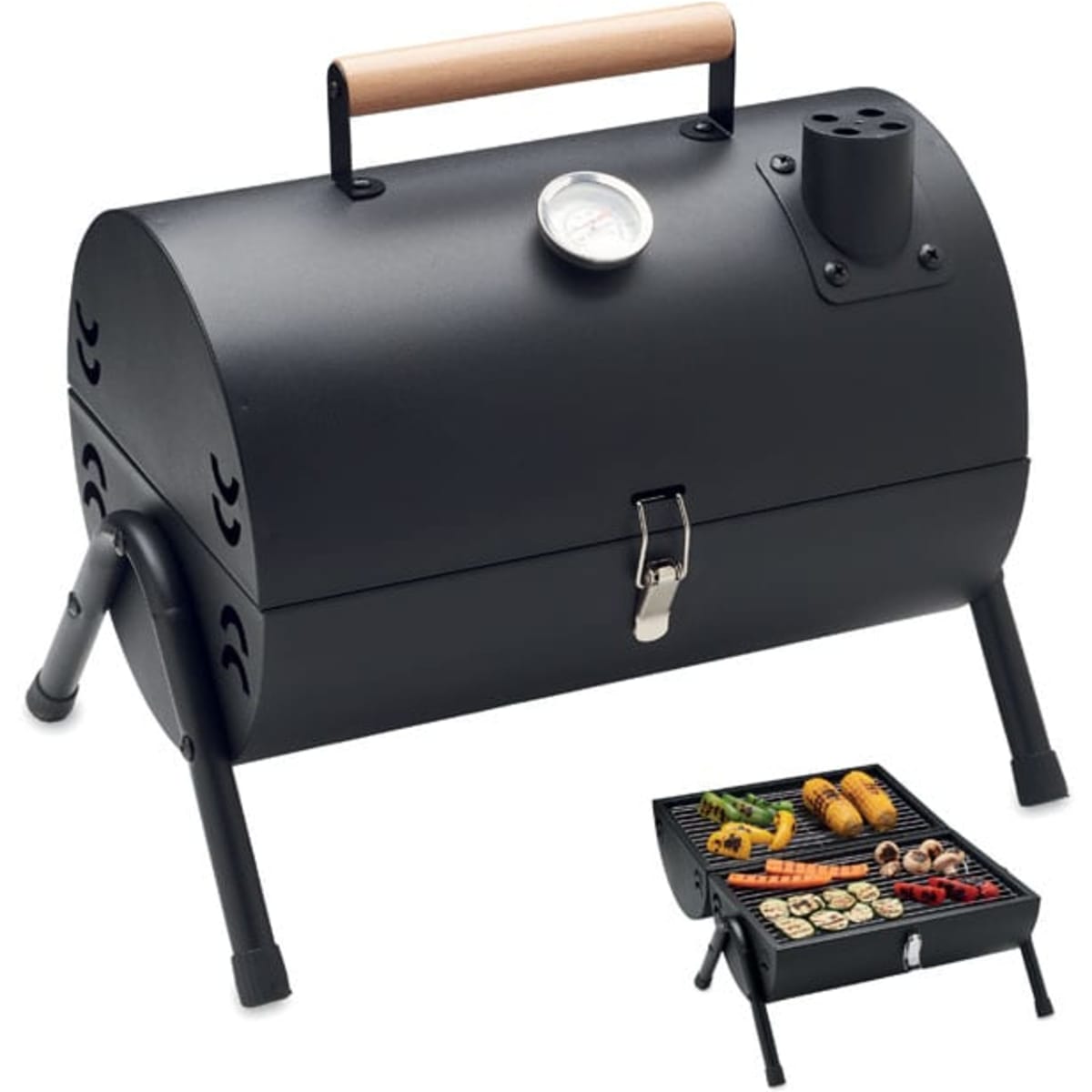 A black portable barbecue with a wooden handle, featuring a thermometer and a grilling surface with assorted vegetables.