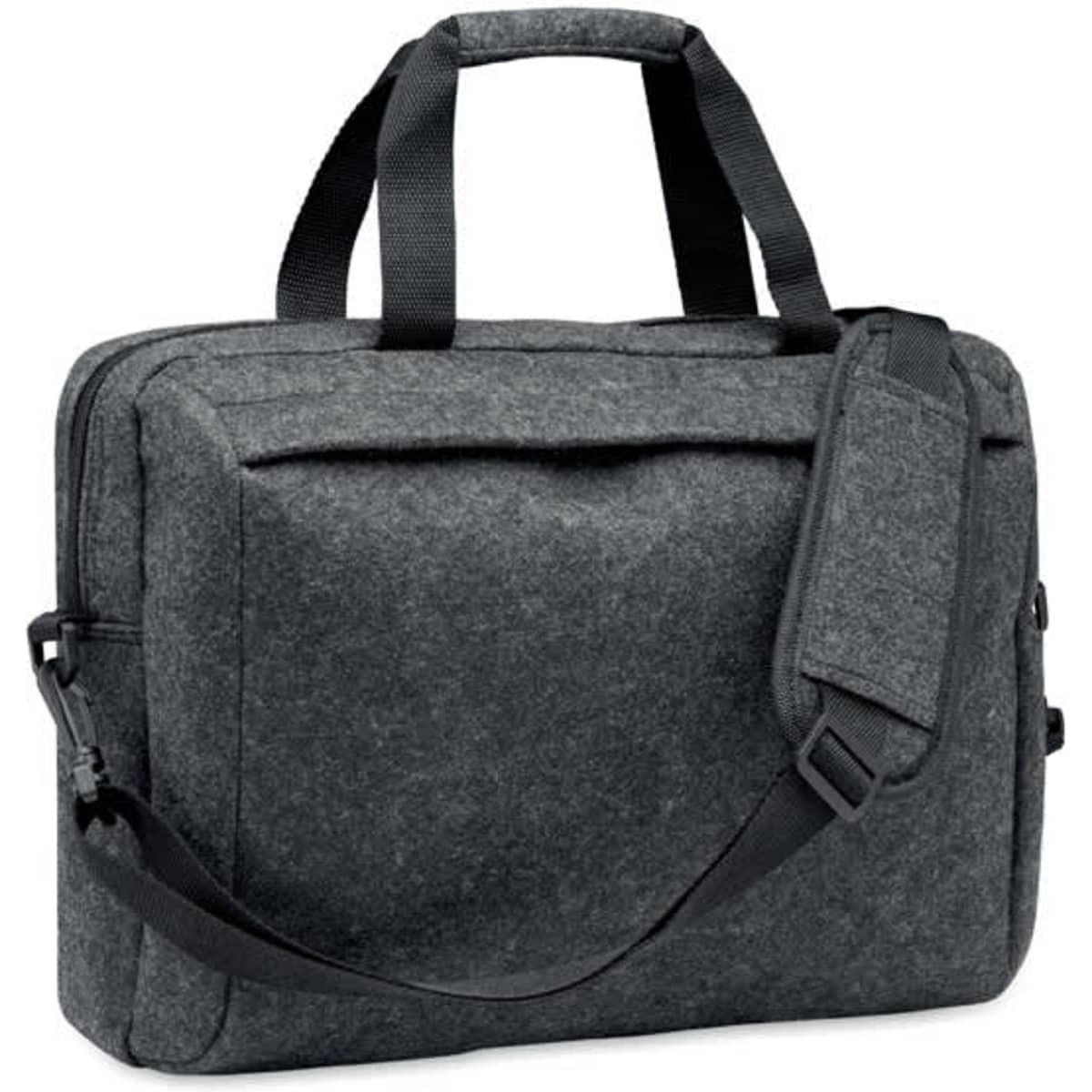 A grey fabric laptop bag with dual handles and a detachable shoulder strap. It features a front pocket and branding.