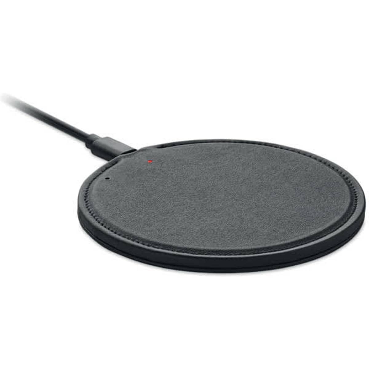 A wireless charging pad in black, featuring a circular design with a slim profile and a connected cable.