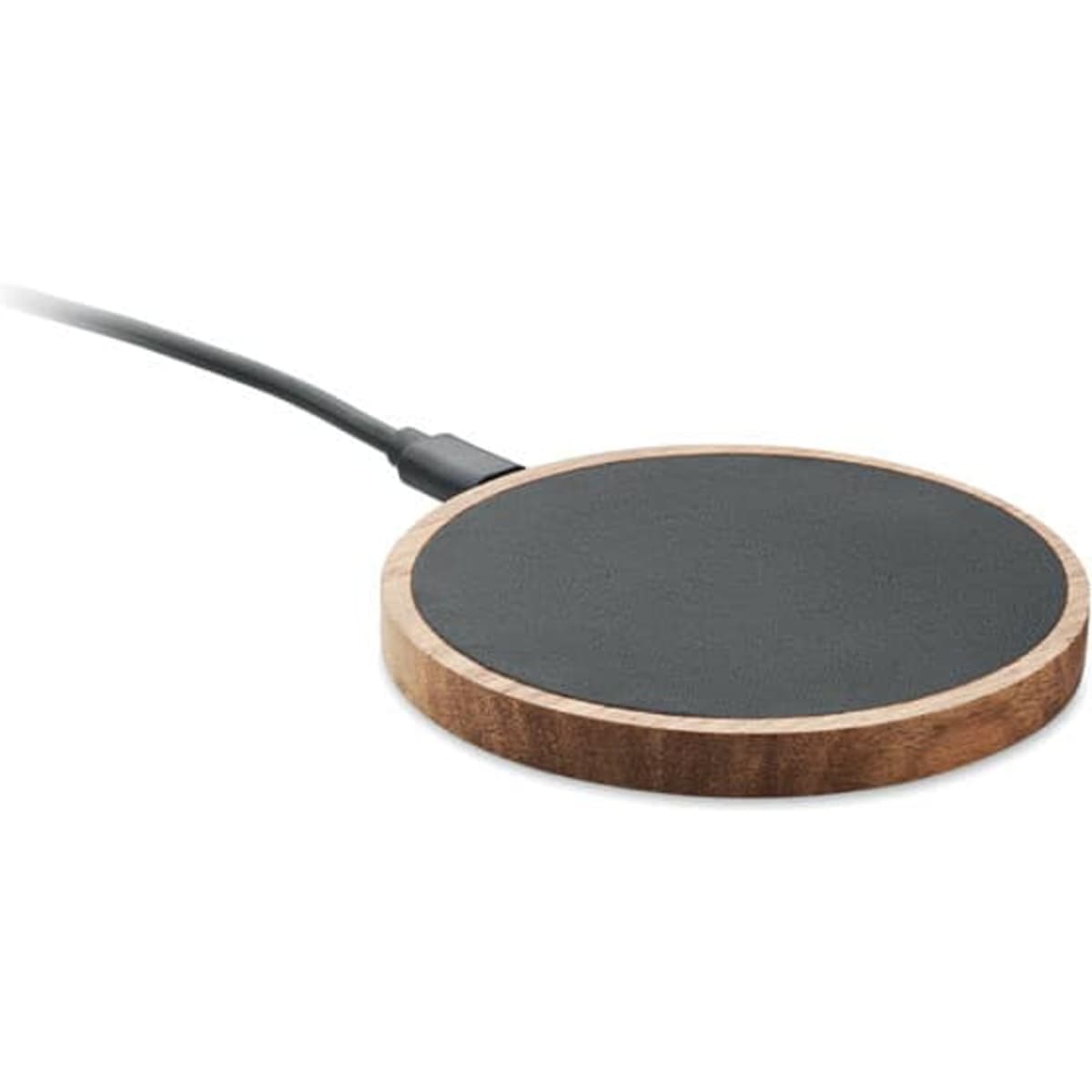 A wireless charging pad with a wooden outer rim and a black charging surface, connected by a cable.