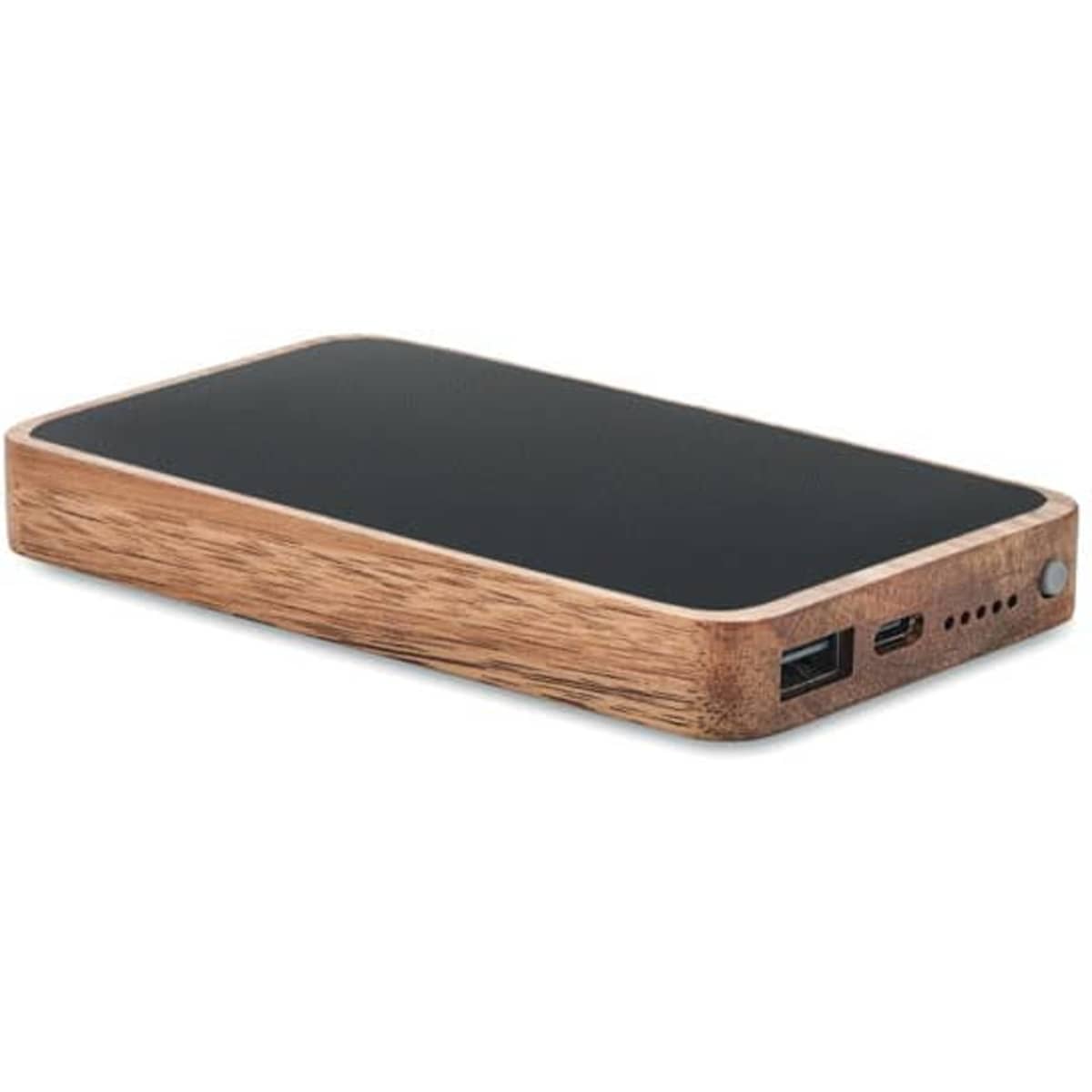 A power bank with a wooden texture and black surface, featuring USB ports and an indicator light.
