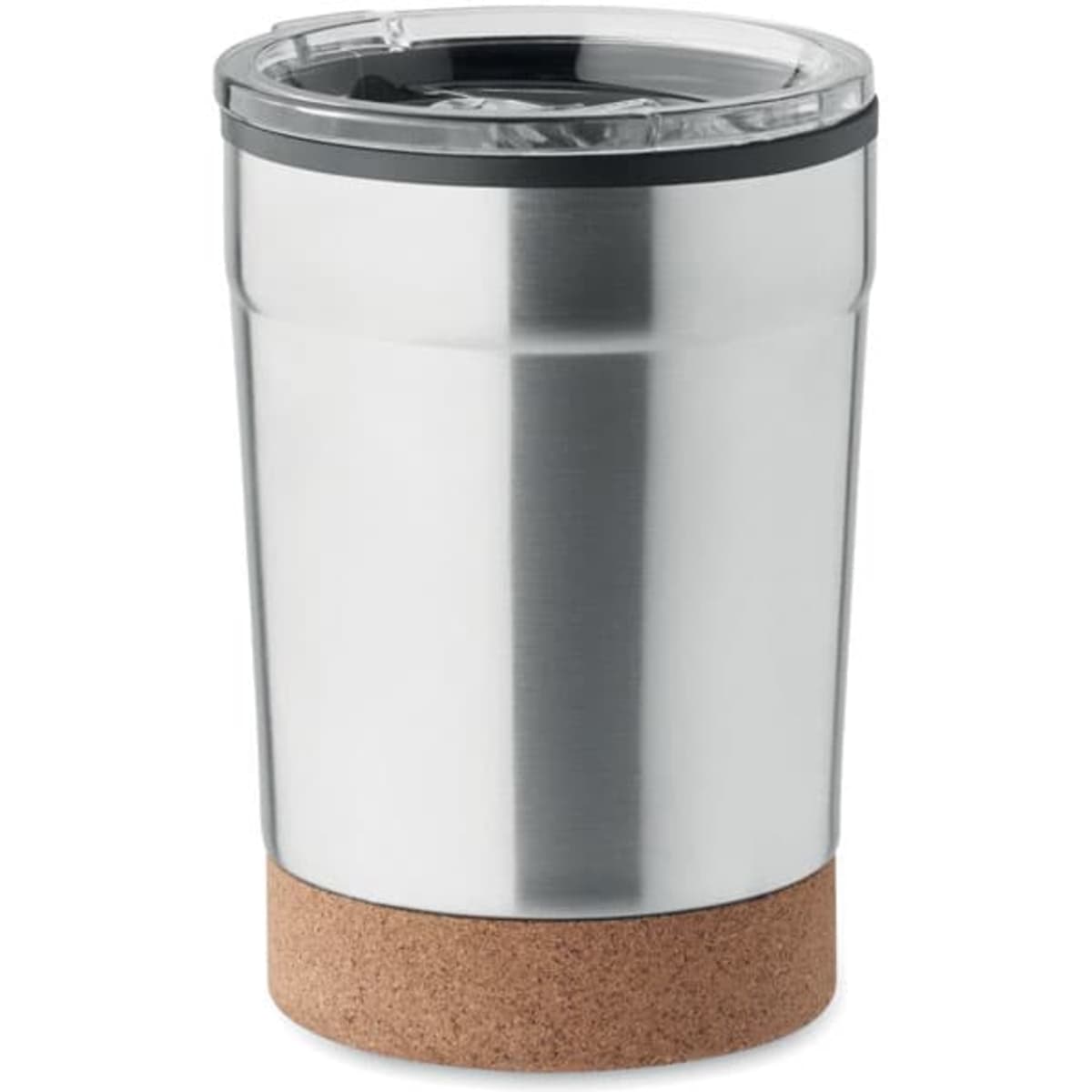 A drink bottle with a stainless steel body and a cork base, featuring a transparent lid.