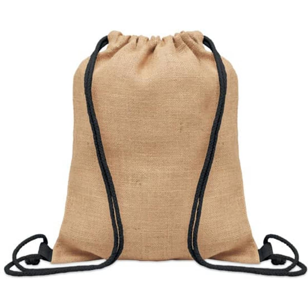 A drawstring backpack in natural jute colour with black cord straps and a simple design.