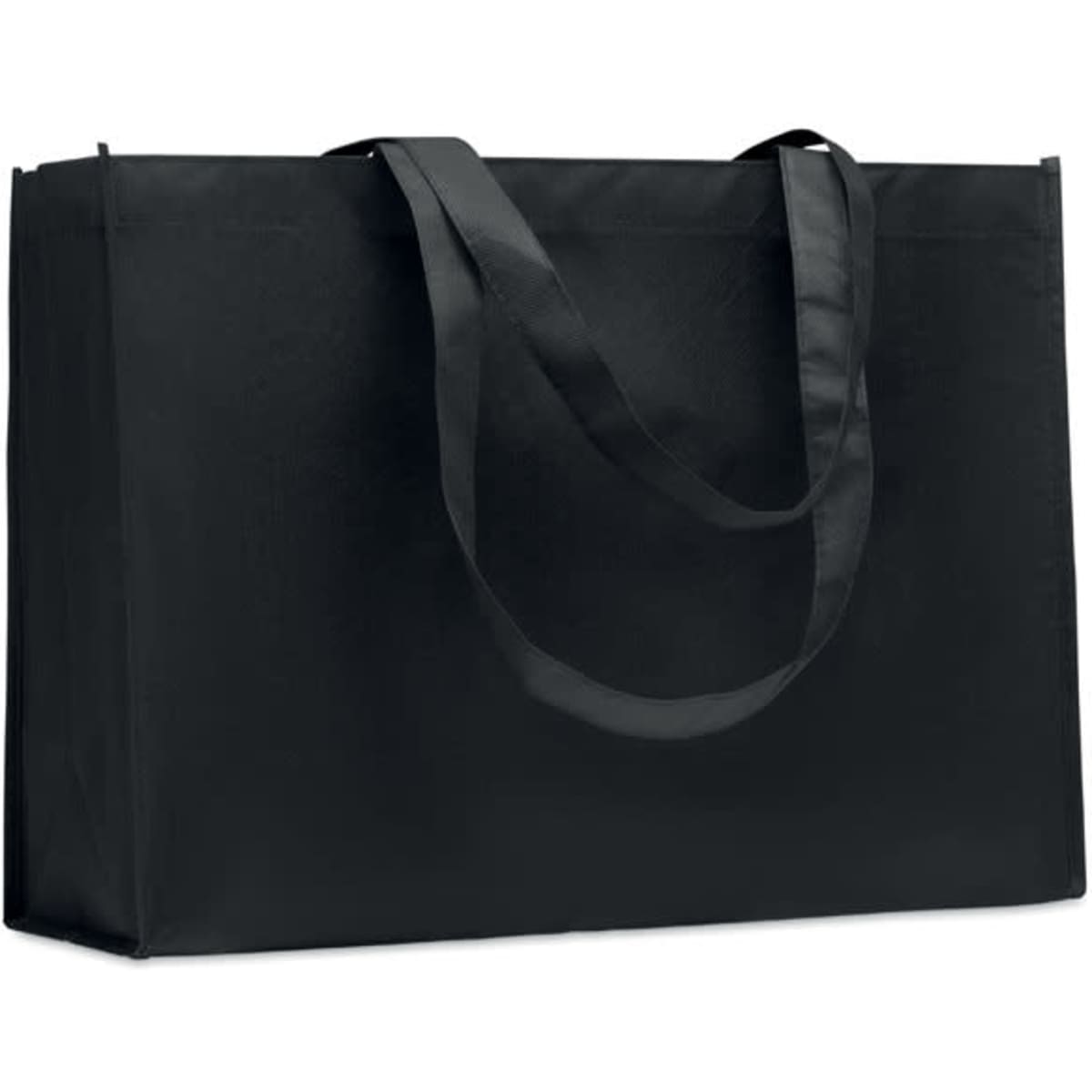 A black tote bag with two handles, featuring a simple and sleek design.