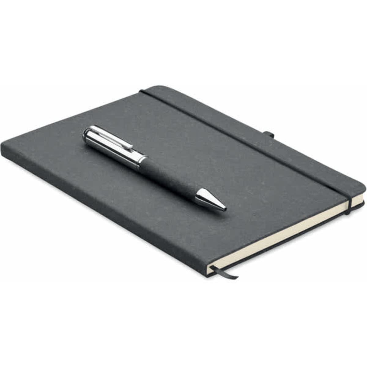 A black notebook with an elastic band and a silver pen resting on top. The notebook has a plain cover and blank pages.