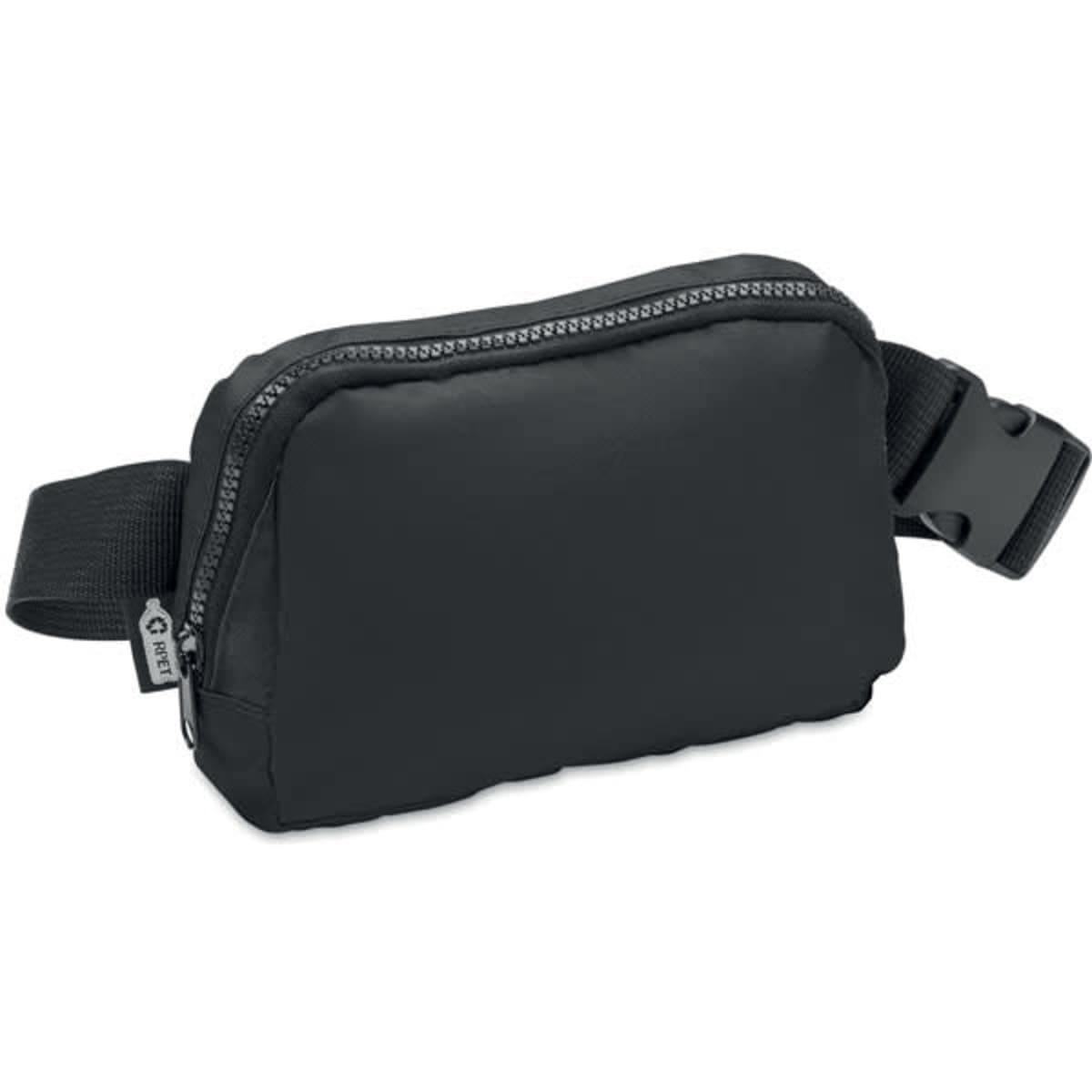 A black waist bag with a zip closure and an adjustable strap, featuring a logo.