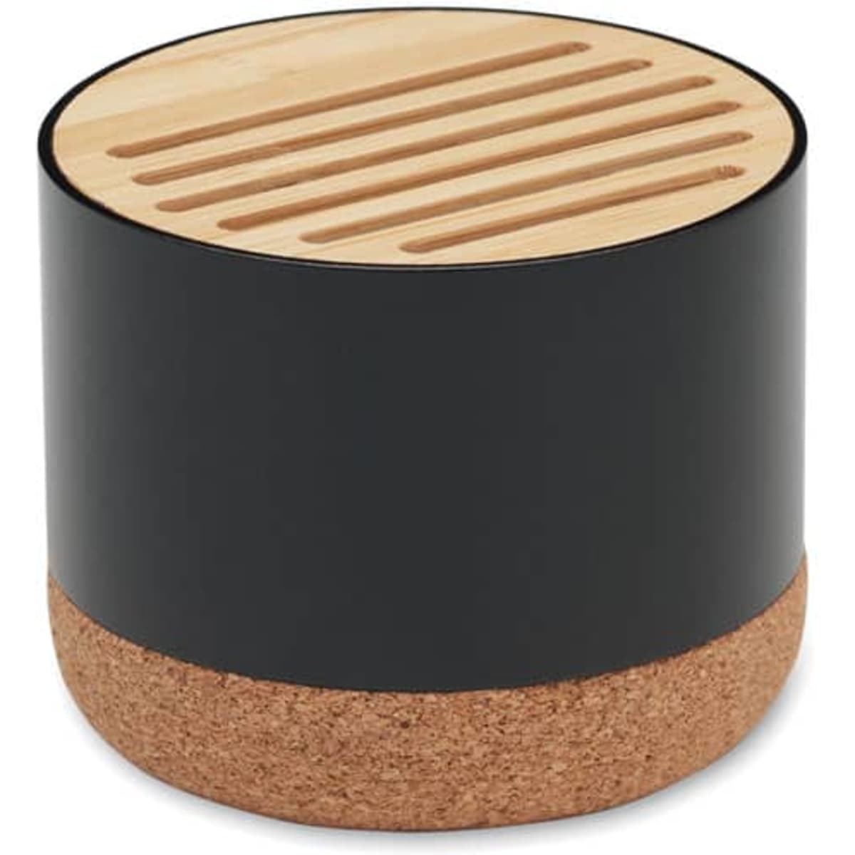 A round container with a black body, wooden lid featuring grooves, and a cork base. It has a simple, modern design.