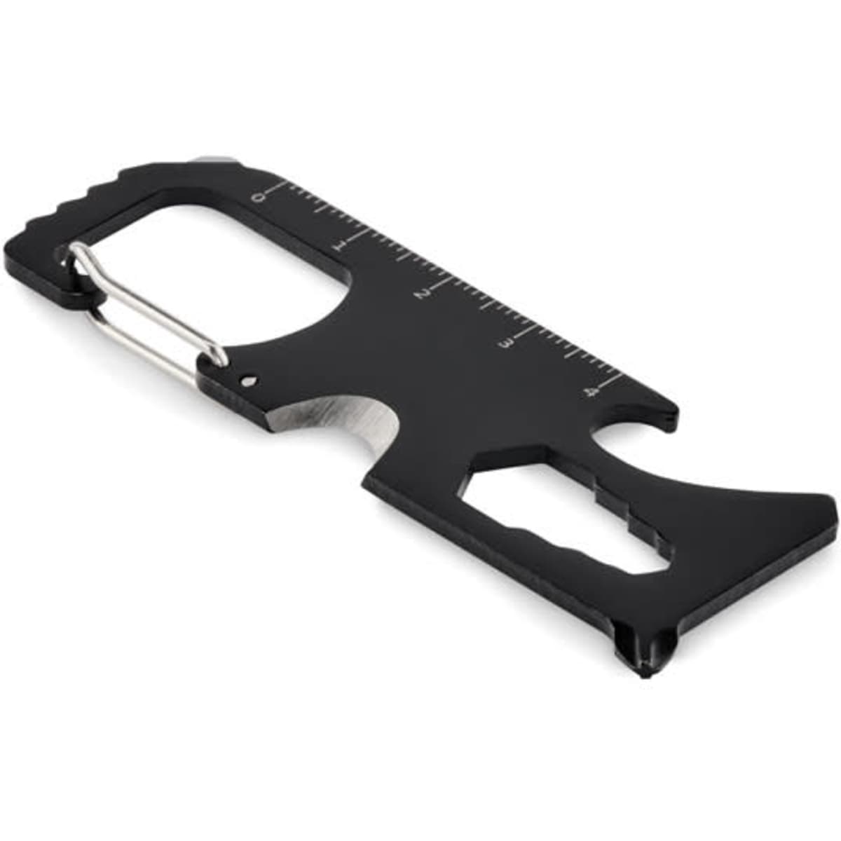 A multi-functional tool with a black body, featuring various measurement markings and a carabiner clasp.