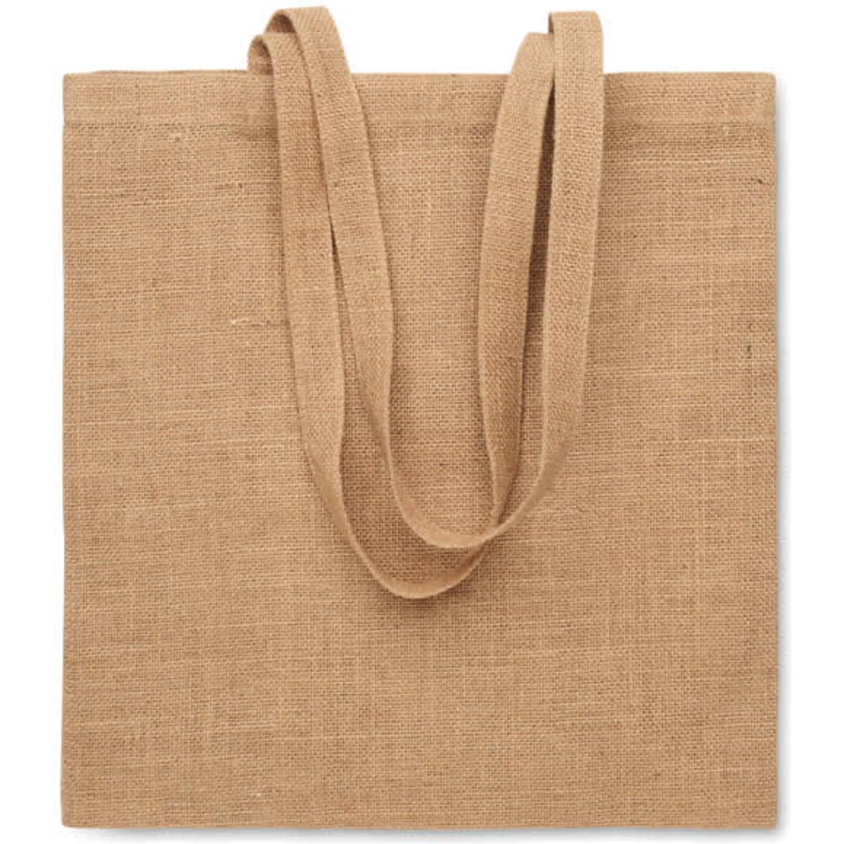 A jute tote bag in a natural brown colour with two long handles for carrying.