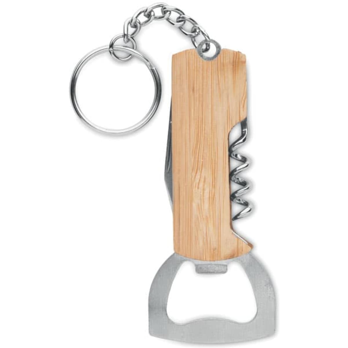 A keychain multi-tool featuring a wooden handle, bottle opener, corkscrew, and attached chain.