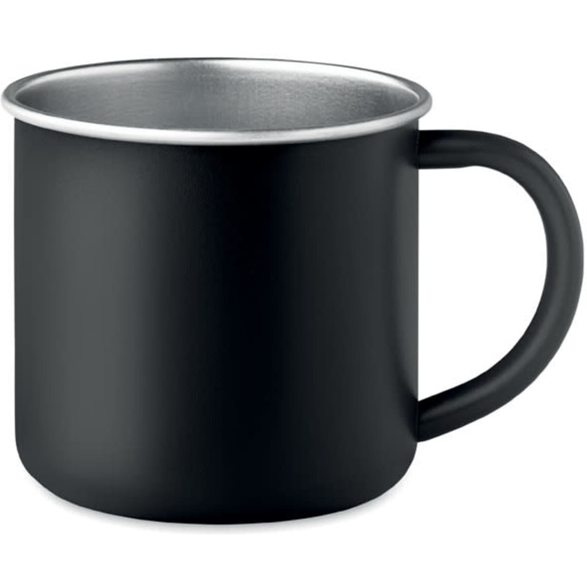 A black mug with a silver interior and a sturdy handle. It features a simple, classic design.