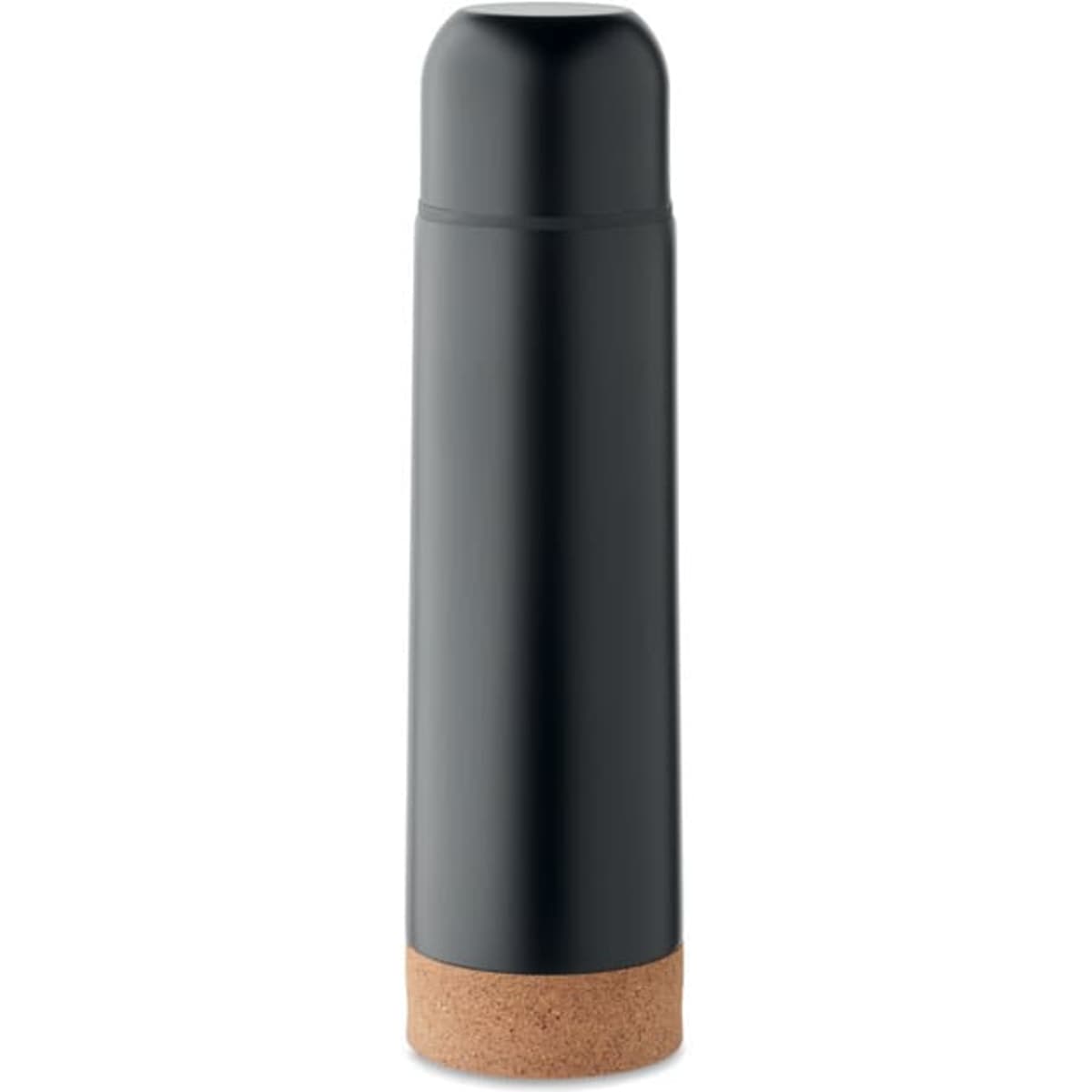A drink bottle in black with a cork base, featuring a sleek, minimalist design and a branding logo.