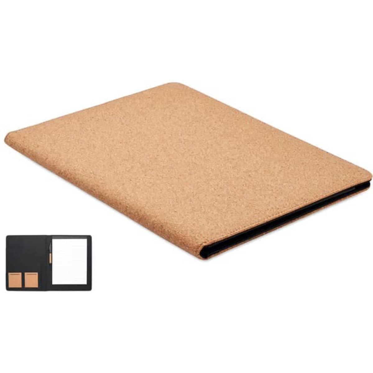 A cork-style folder featuring a natural brown cover, with a black interior containing stationary pockets and a notepad.