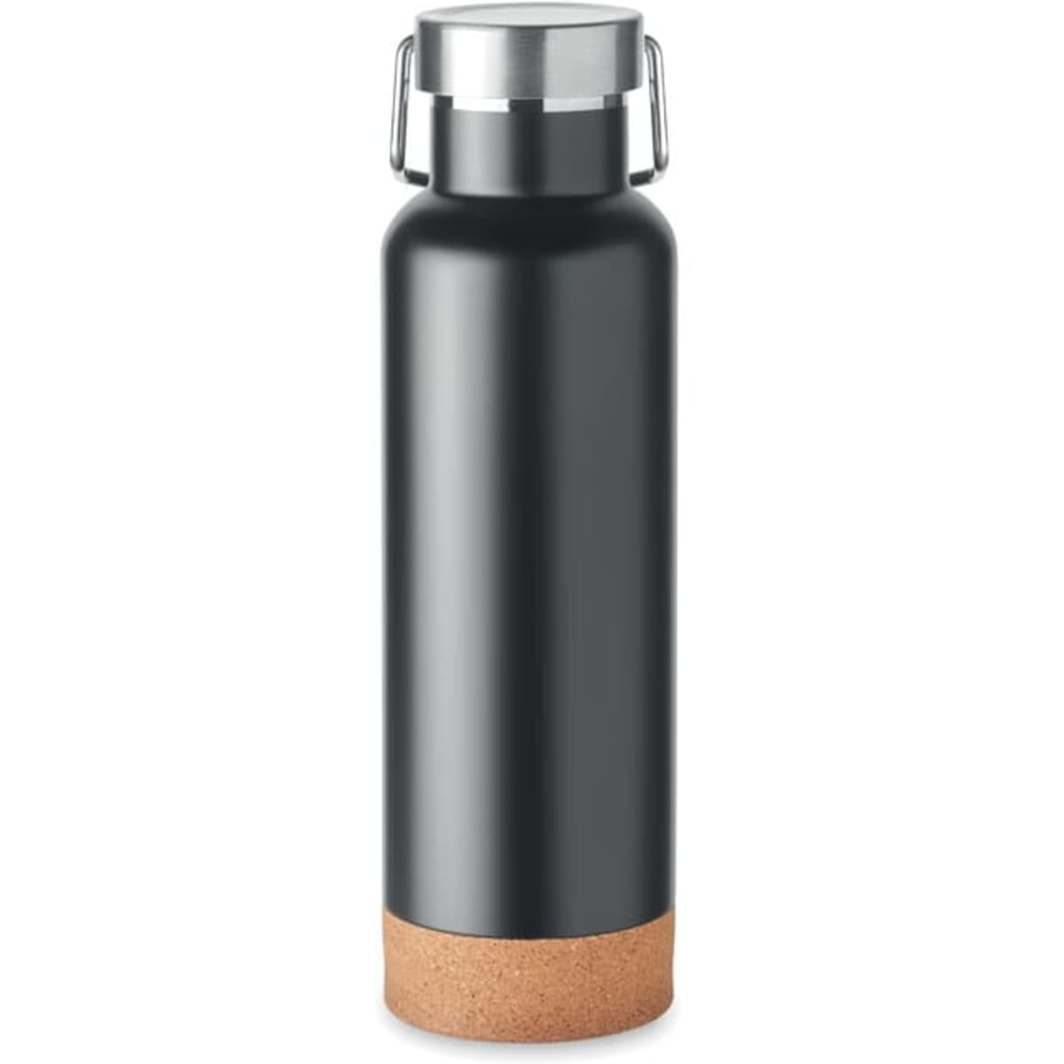 A drink bottle in matte black with a cork base and a metal lid, featuring a minimalist design.