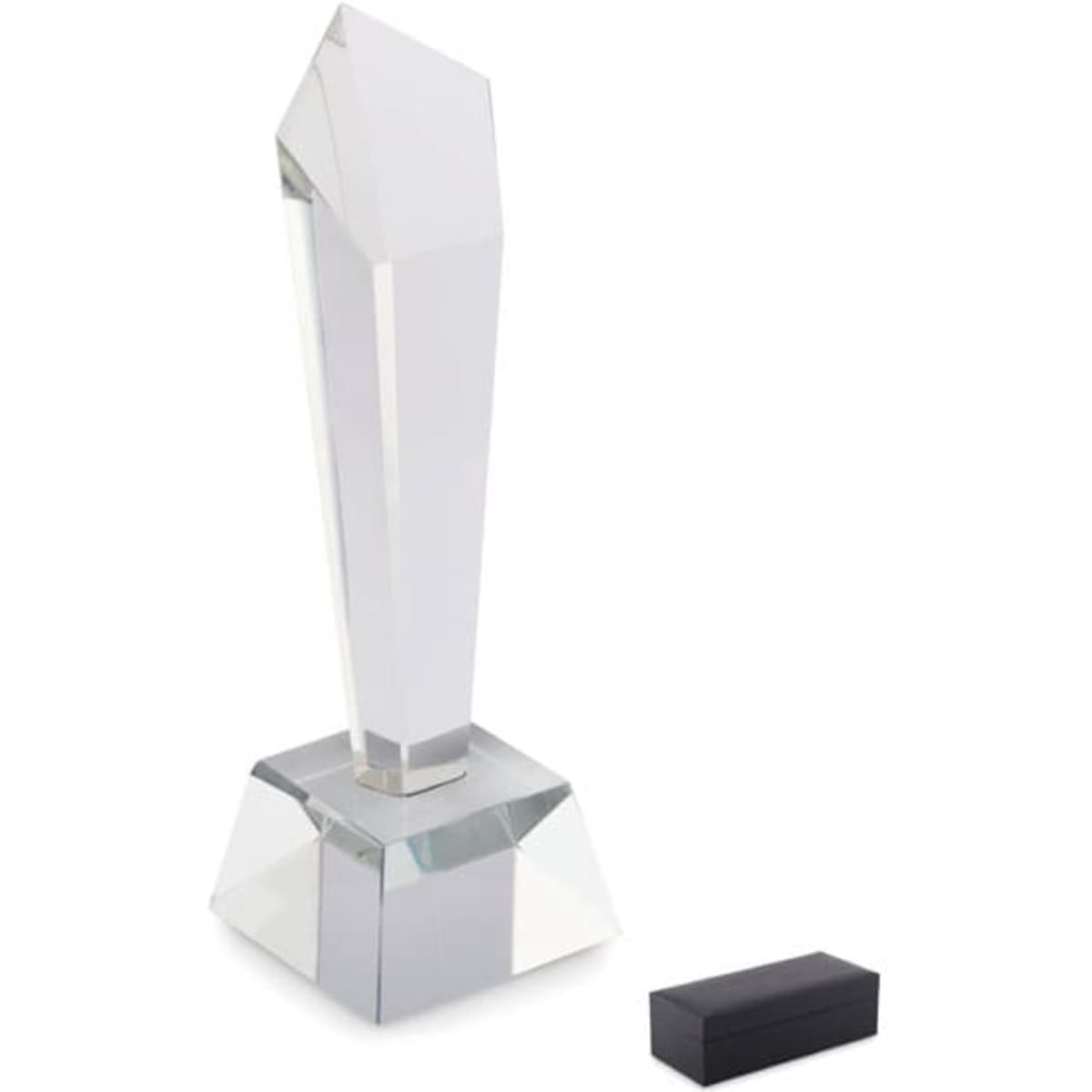 A crystal award trophy with a geometric design, featuring a clear finish and a black base.