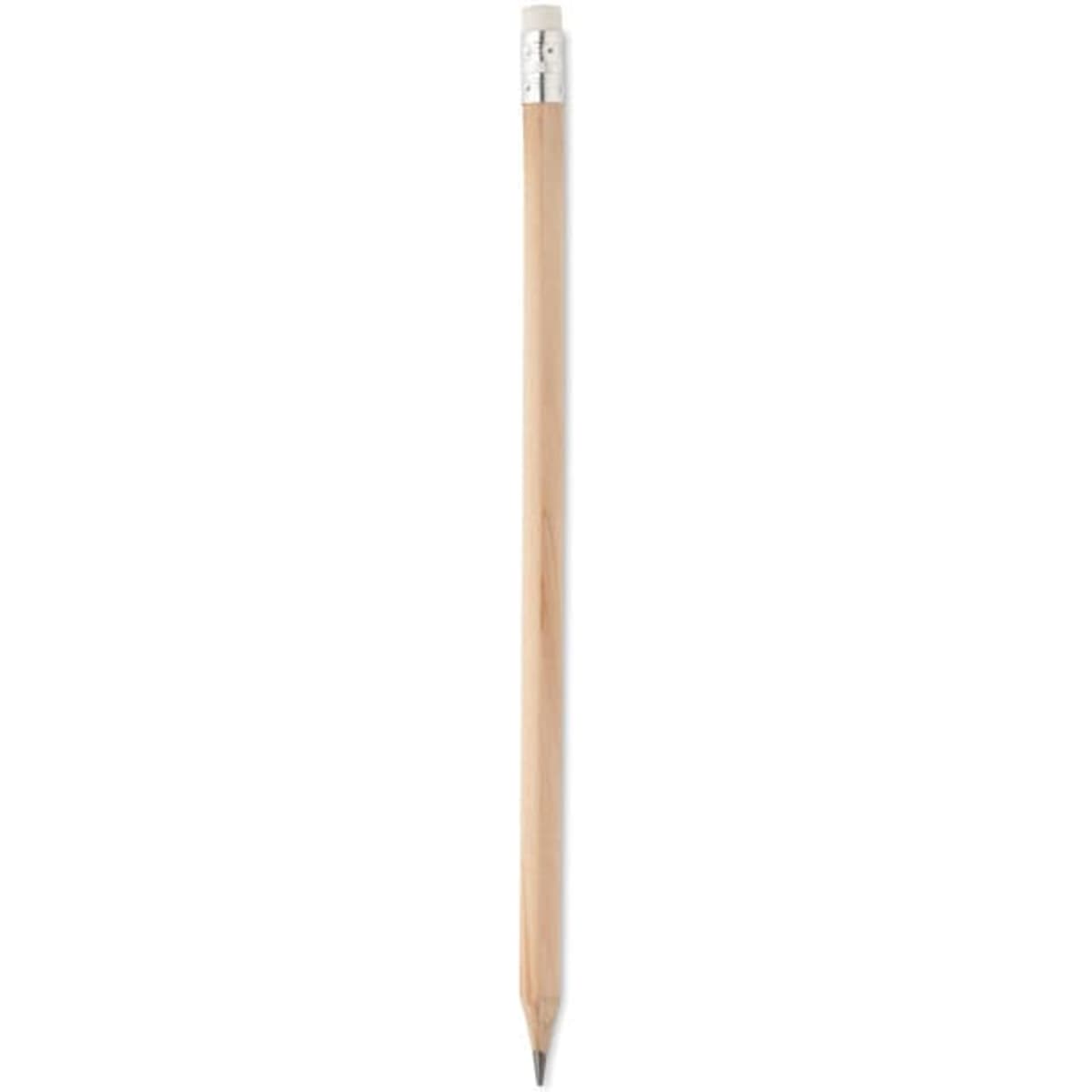 A pencil with a wooden body and a silver-coloured eraser at the top.