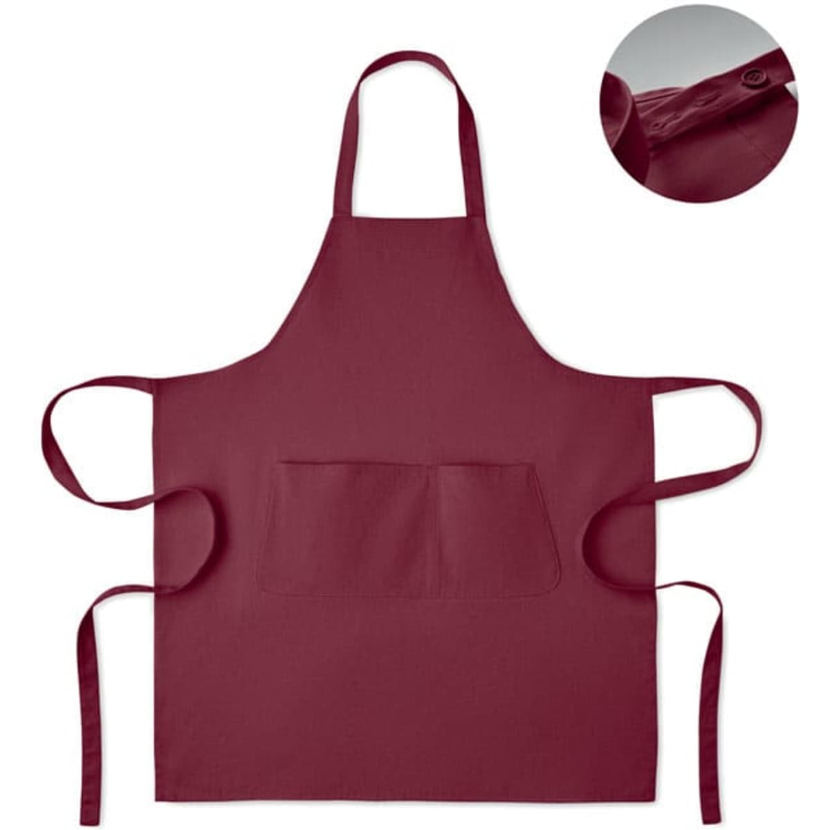A maroon apron featuring a front pocket and ties, with a close-up of the collar area.