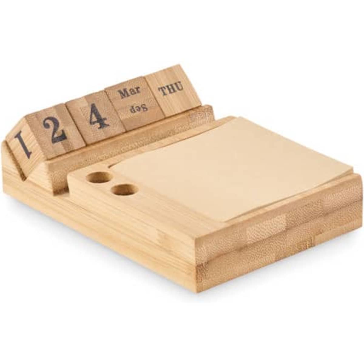 A wooden perpetual calendar with a notepad holder, featuring brown blocks for the date and day.